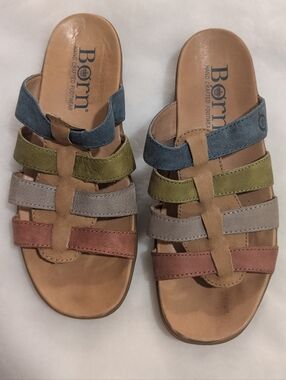 Born Multistrap Leather Slide Sandals in Blue, Green, Gray, and Rust Sz 8